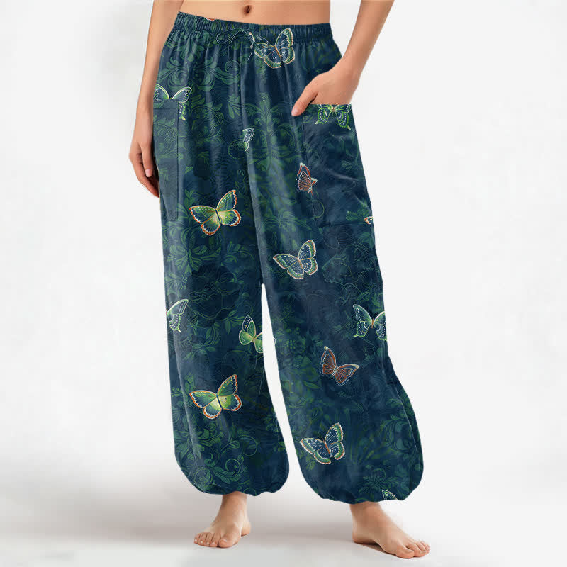 Buddha Stones Cotton Nature Inspired Butterfly Foliage Pattern Women's Elastic Waist Harem Pants With Side Pockets - Teal - US16,UK/AU20,EU48 (3XL) - image 7