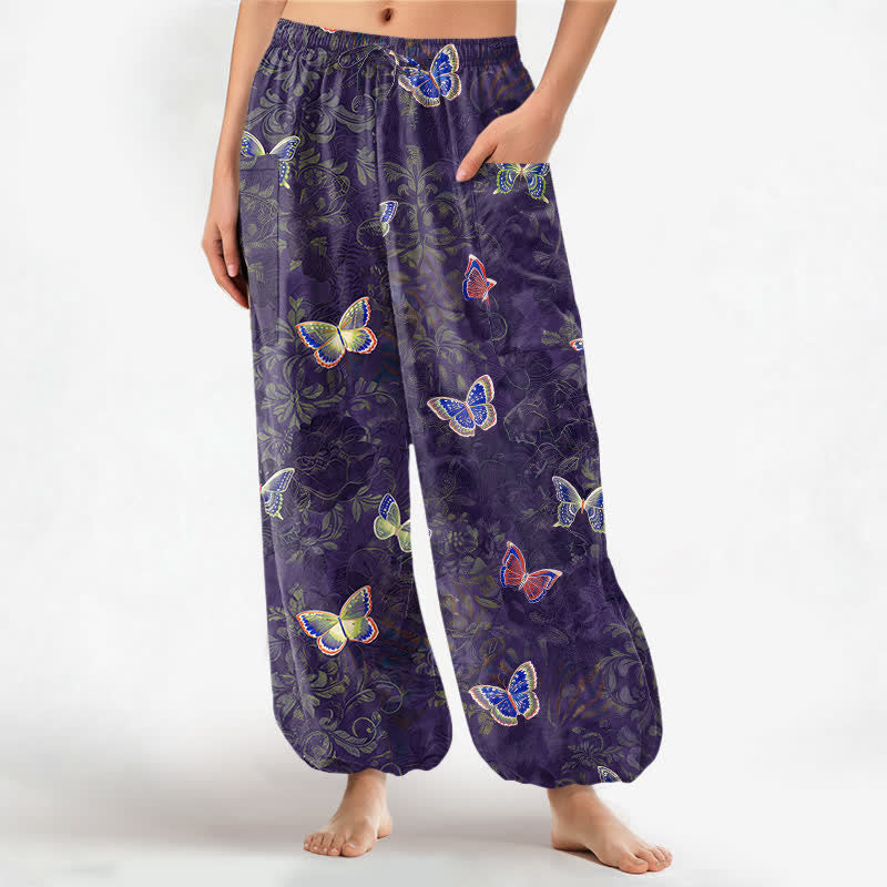 Buddha Stones Cotton Nature Inspired Butterfly Foliage Pattern Women's Elastic Waist Harem Pants With Side Pockets - Indigo - US16,UK/AU20,EU48 (3XL) - image 10