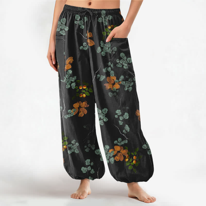 Buddha Stones Cotton Bohemian Botanical Floral Pattern Women's Elastic Waist Harem Pants With Side Pockets - Black - US16,UK/AU20,EU48 (3XL) - image 0