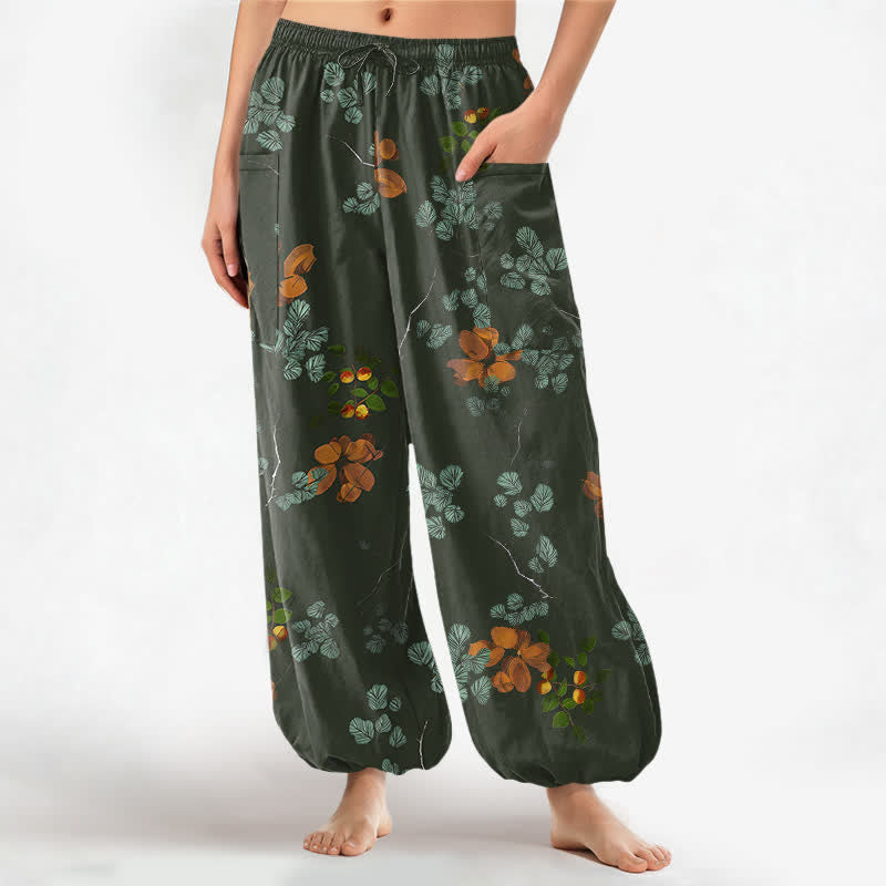 Buddha Stones Cotton Bohemian Botanical Floral Pattern Women's Elastic Waist Harem Pants With Side Pockets - DarkOliveGreen - US16,UK/AU20,EU48 (3XL) - image 7