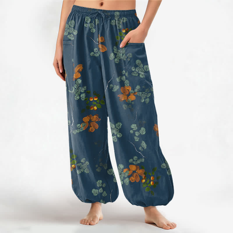 Buddha Stones Cotton Bohemian Botanical Floral Pattern Women's Elastic Waist Harem Pants With Side Pockets - SteelBlue - US16,UK/AU20,EU48 (3XL) - image 10