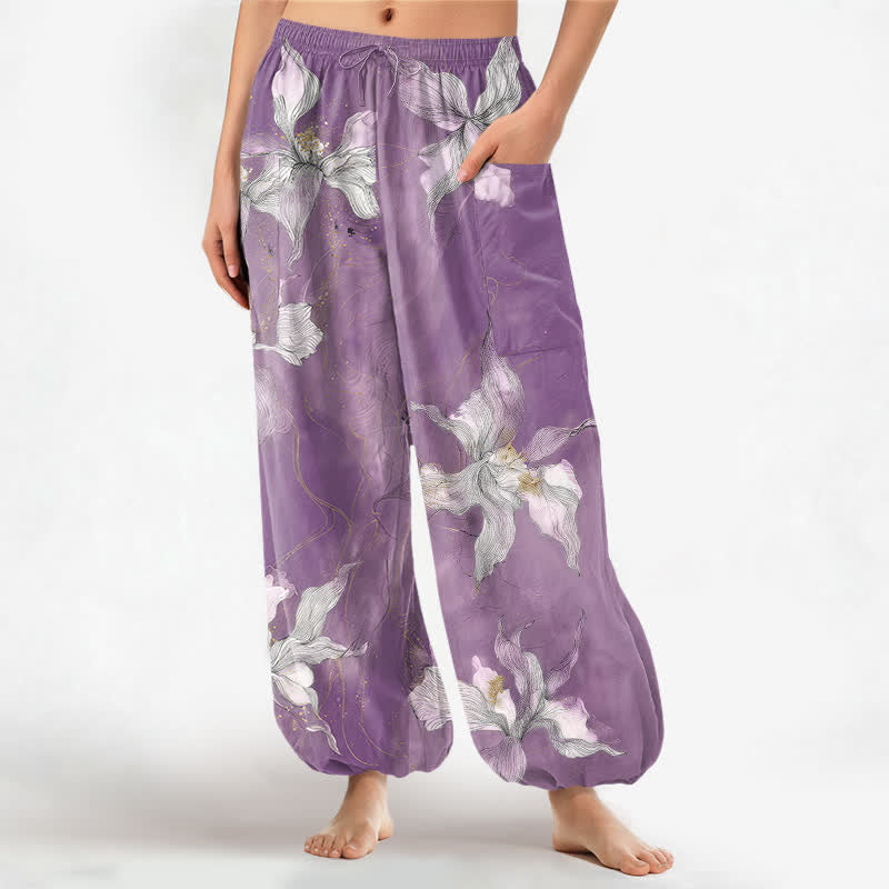 Buddha Stones Cotton Vintage White Floral Pattern Women's Elastic Waist Harem Pants With Side Pockets - MediumOrchid - US16,UK/AU20,EU48 (3XL) - image 0