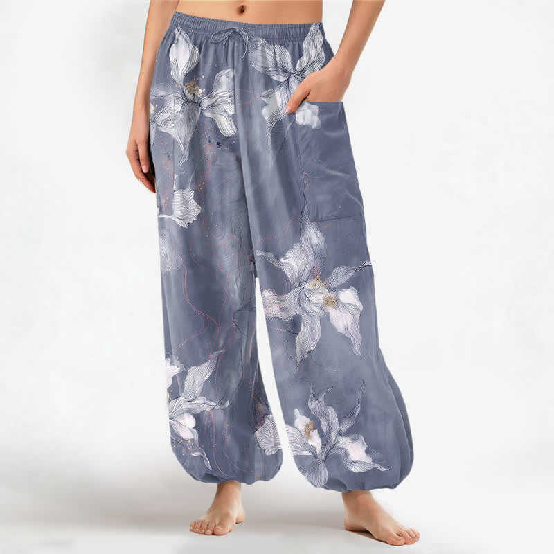 Buddha Stones Cotton Vintage White Floral Pattern Women's Elastic Waist Harem Pants With Side Pockets - SteelBlue - US16,UK/AU20,EU48 (3XL) - image 7
