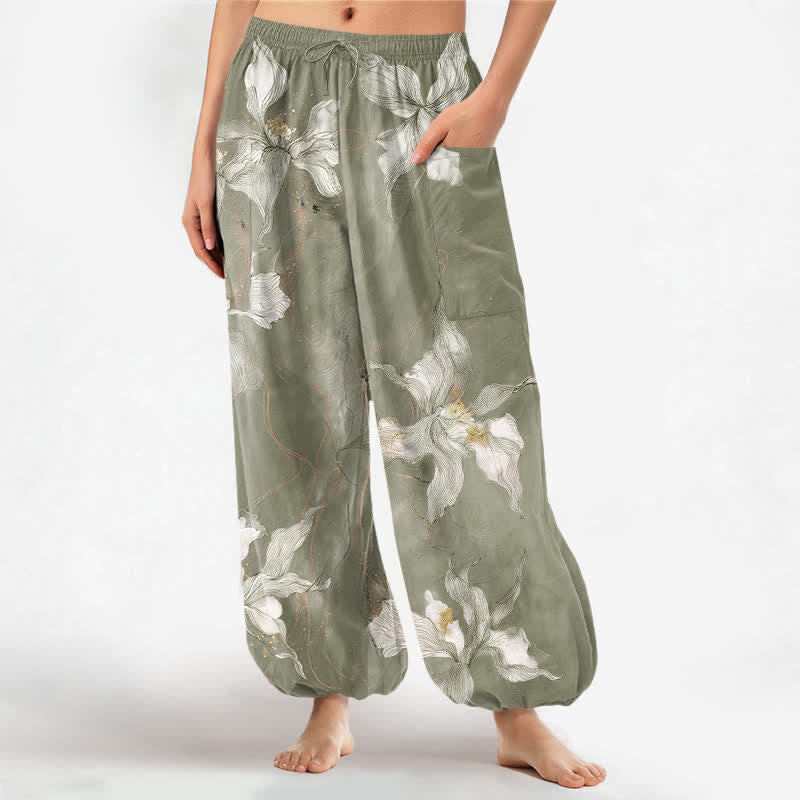 Buddha Stones Cotton Vintage White Floral Pattern Women's Elastic Waist Harem Pants With Side Pockets - YellowGreen - US16,UK/AU20,EU48 (3XL) - image 10