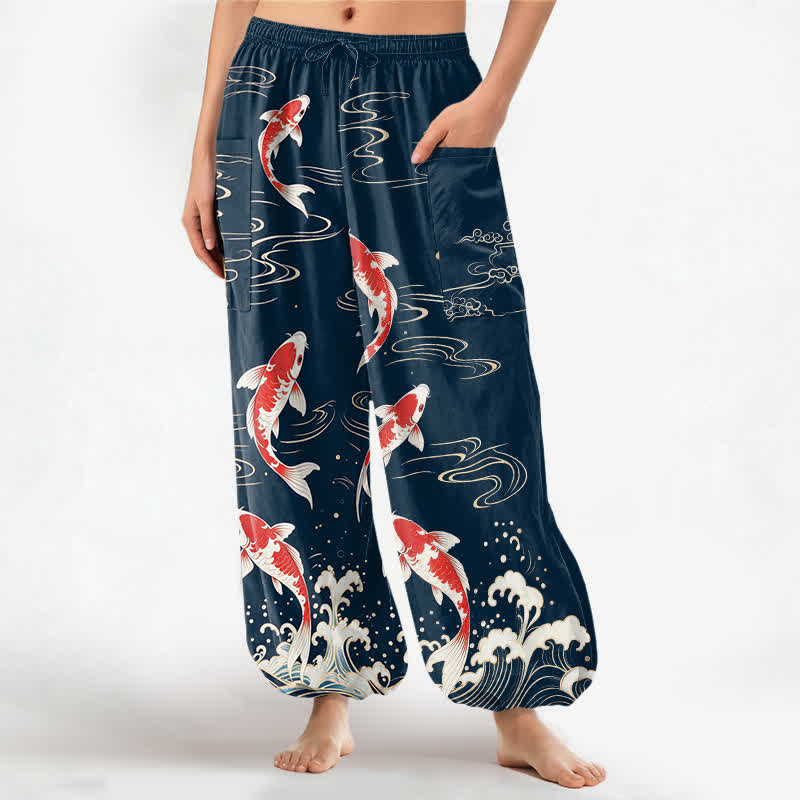 Buddha Stones Cotton Ocean Wave Koi Pattern Women's Elastic Waist Harem Pants With Side Pockets - Navy - US16,UK/AU20,EU48 (3XL) - image 0