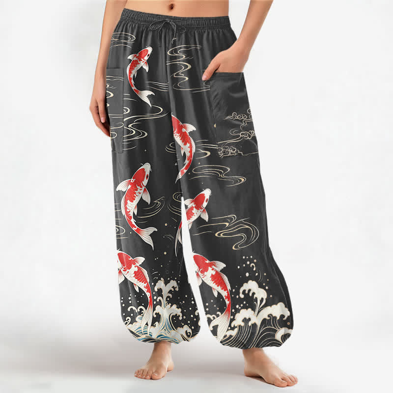 Buddha Stones Cotton Ocean Wave Koi Pattern Women's Elastic Waist Harem Pants With Side Pockets - DimGray - US16,UK/AU20,EU48 (3XL) - image 7