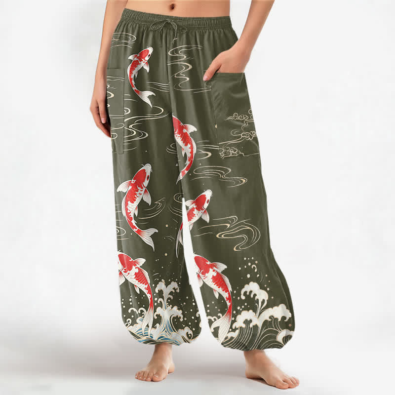 Buddha Stones Cotton Ocean Wave Koi Pattern Women's Elastic Waist Harem Pants With Side Pockets - OliveDrab - US16,UK/AU20,EU48 (3XL) - image 10