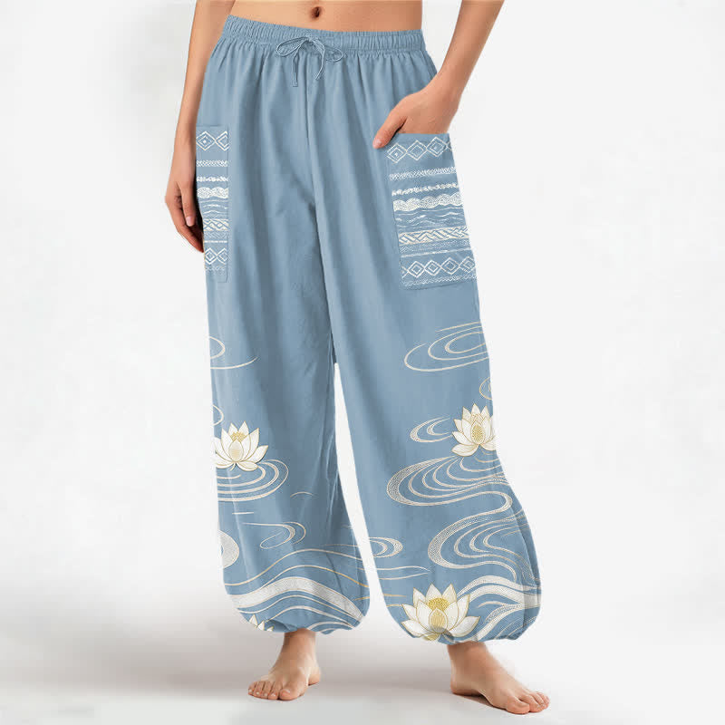 Buddha Stones Cotton Lotus Ripple Pattern Women's Elastic Waist Harem Pants With Side Pockets - LightSkyBlue - US16,UK/AU20,EU48 (3XL) - image 0