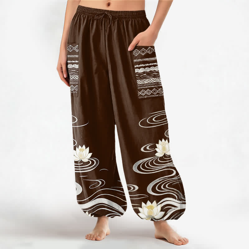 Buddha Stones Cotton Lotus Ripple Pattern Women's Elastic Waist Harem Pants With Side Pockets - SaddleBrown - US16,UK/AU20,EU48 (3XL) - image 7
