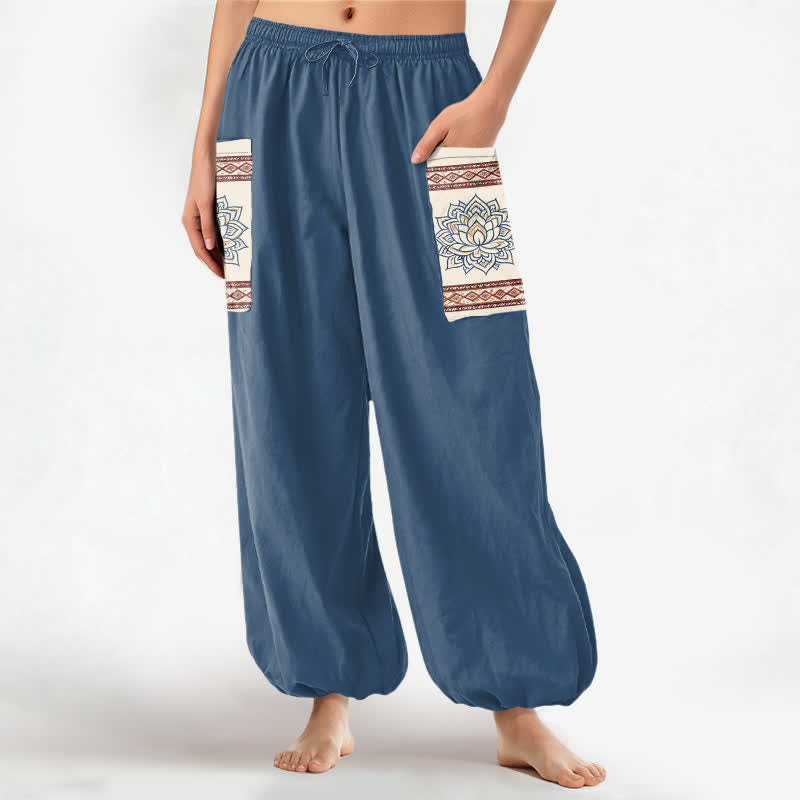 Buddha Stones Cotton Bohemian Lotus Mandala Pattern Women's Elastic Waist Harem Pants With Side Pockets - SteelBlue - US16,UK/AU20,EU48 (3XL) - image 0