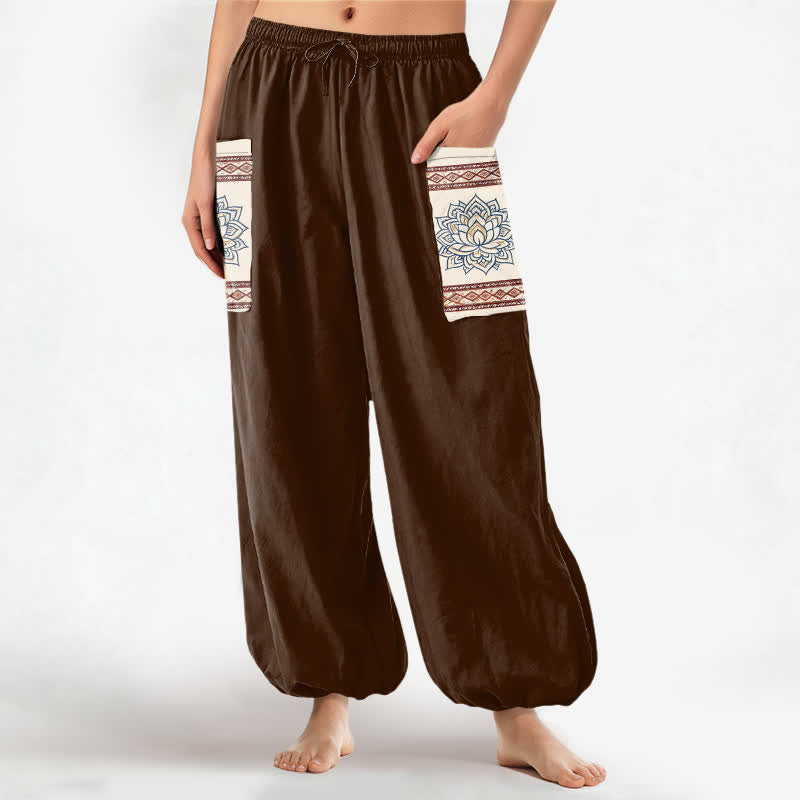 Buddha Stones Cotton Bohemian Lotus Mandala Pattern Women's Elastic Waist Harem Pants With Side Pockets - SaddleBrown - US16,UK/AU20,EU48 (3XL) - image 10