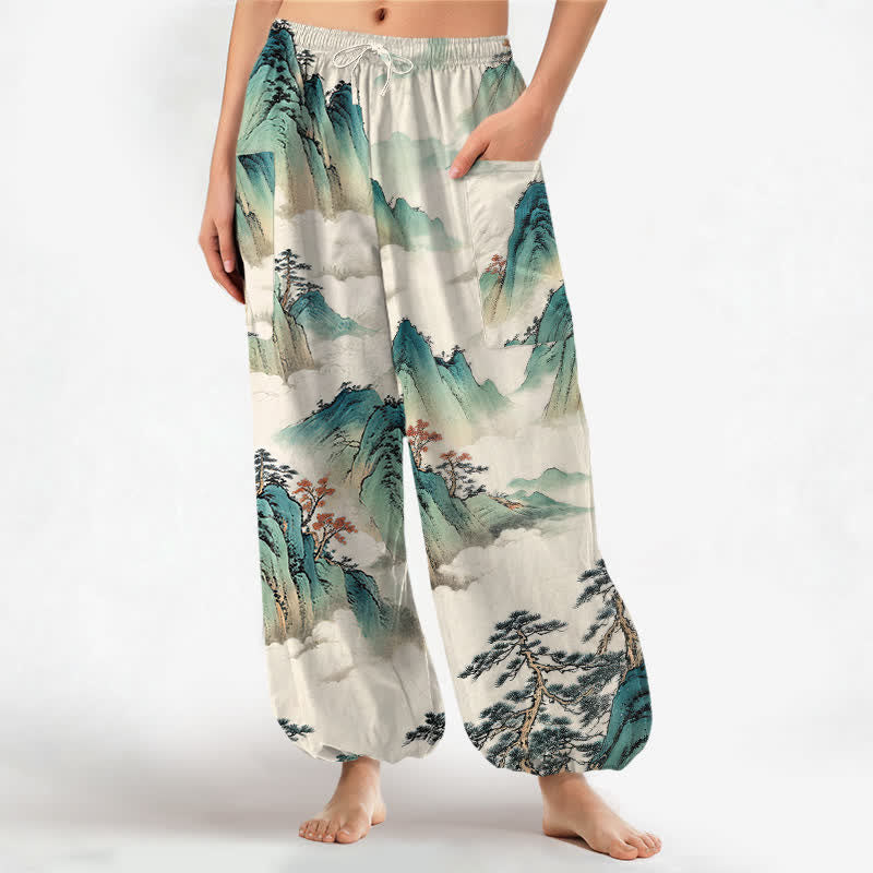 Buddha Stones Cotton Pine Mountain Scenery Pattern Women's Elastic Waist Harem Pants With Side Pockets - Linen - US16,UK/AU20,EU48 (3XL) - image 0