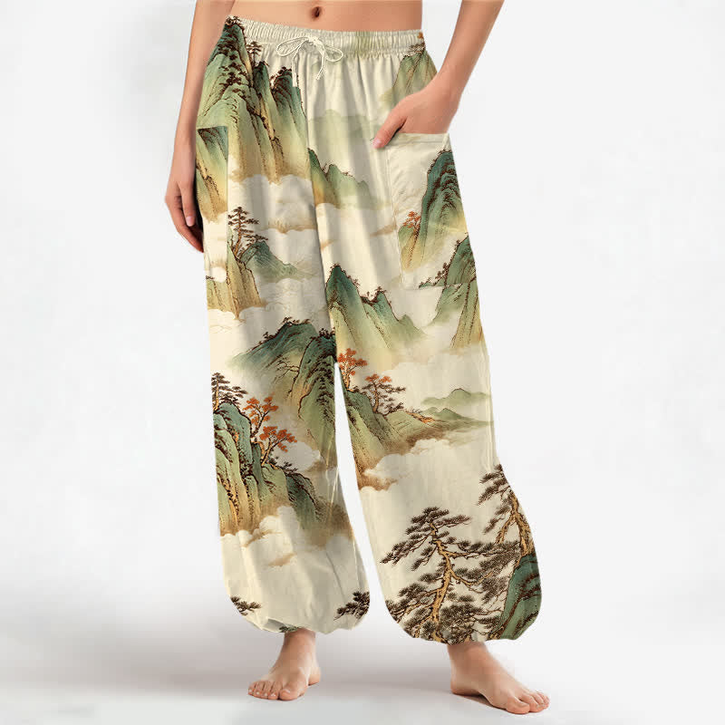 Buddha Stones Cotton Pine Mountain Scenery Pattern Women's Elastic Waist Harem Pants With Side Pockets - Beige - US16,UK/AU20,EU48 (3XL) - image 7