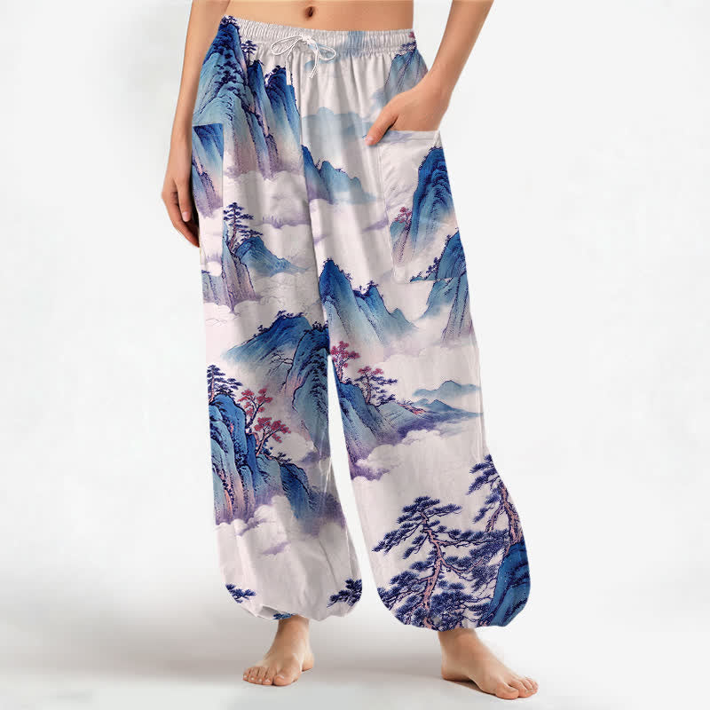 Buddha Stones Cotton Pine Mountain Scenery Pattern Women's Elastic Waist Harem Pants With Side Pockets - Lavender - US16,UK/AU20,EU48 (3XL) - image 10