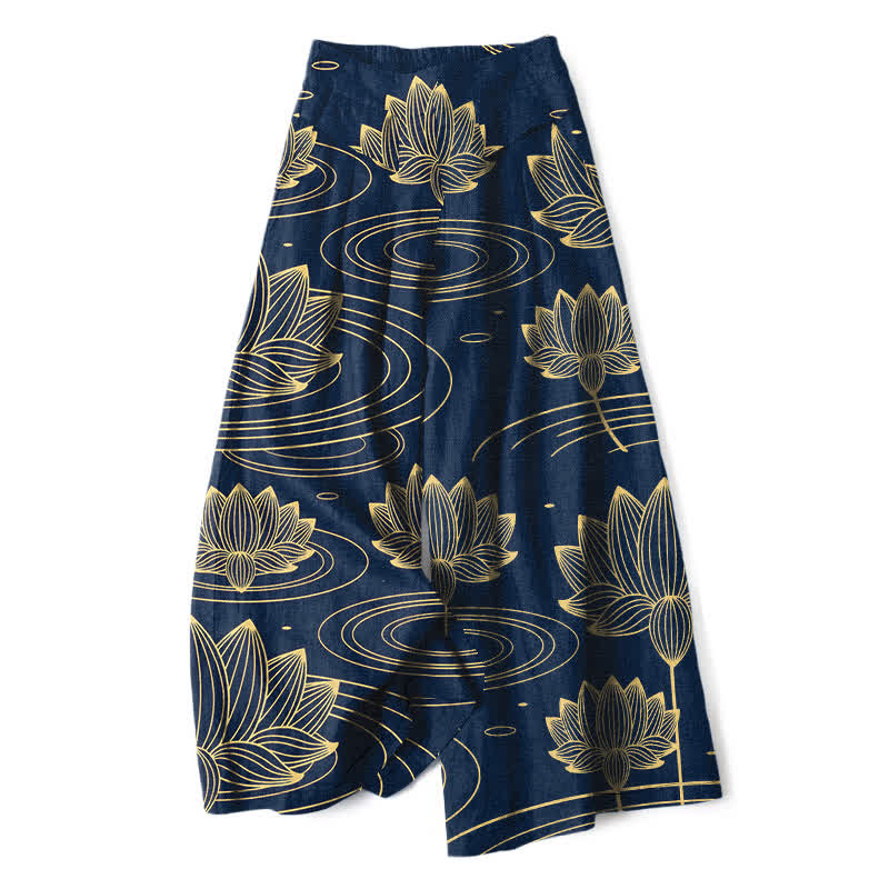 Buddha Stones Cotton Linen Lotus Ripple Pattern Women's Elastic Waist Wide Leg Pants With Pockets - Navy - US16,UK/AU20,EU48 (3XL) - image 0