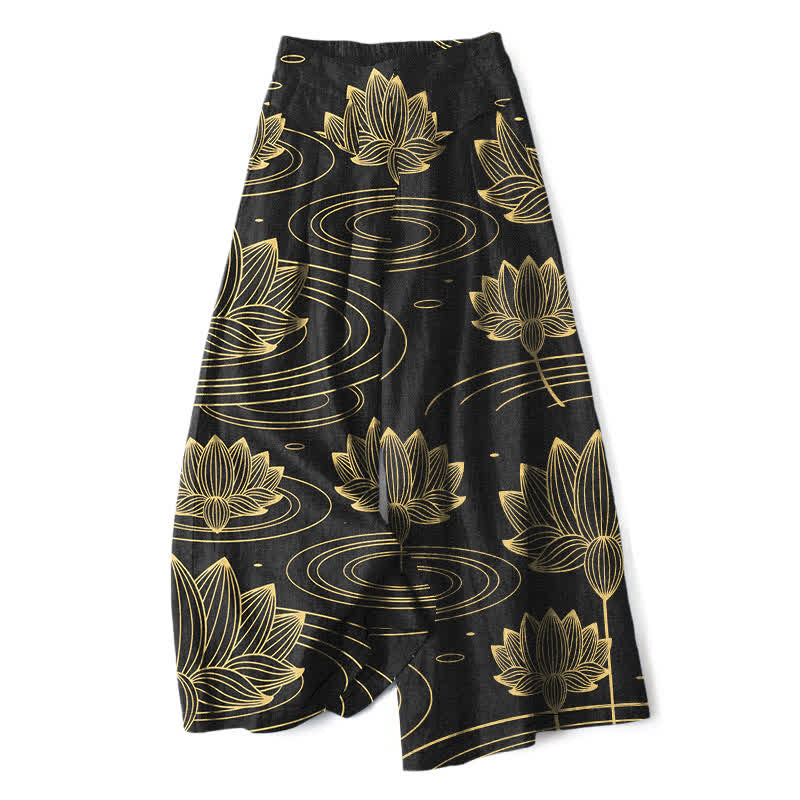 Buddha Stones Cotton Linen Lotus Ripple Pattern Women's Elastic Waist Wide Leg Pants With Pockets - Black - US16,UK/AU20,EU48 (3XL) - image 4
