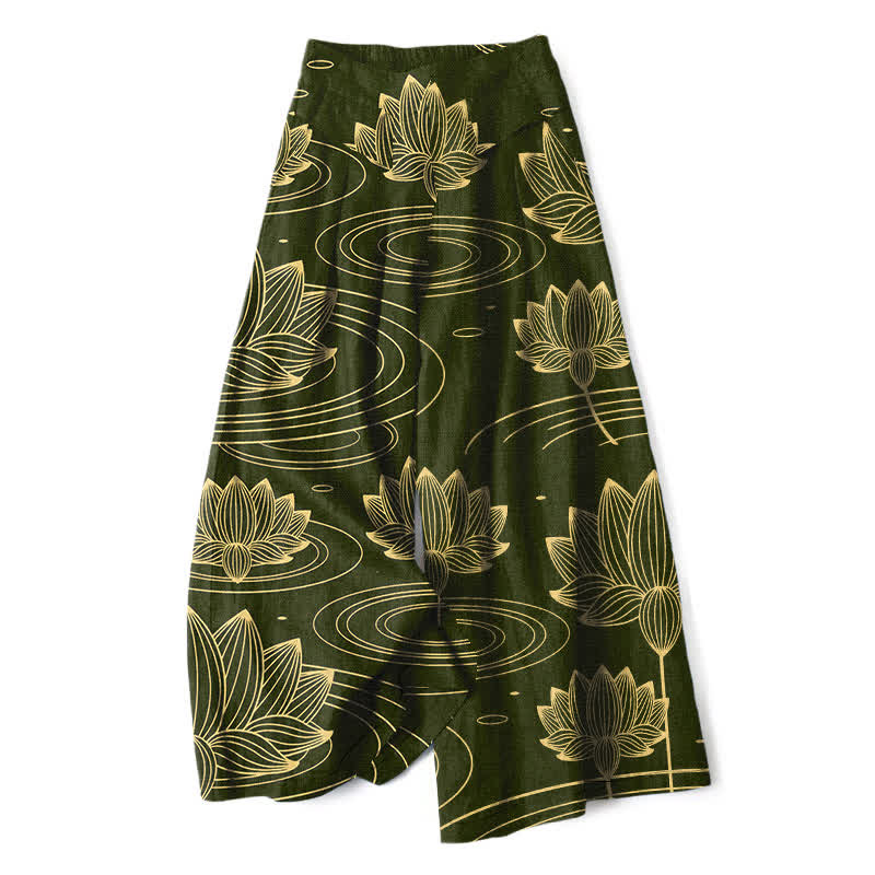 Buddha Stones Cotton Linen Lotus Ripple Pattern Women's Elastic Waist Wide Leg Pants With Pockets - DarkOliveGreen - US16,UK/AU20,EU48 (3XL) - image 6
