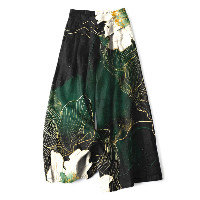 Buddha Stones Cotton Linen Artistic White Floral Pattern Women's Elastic Waist Wide Leg Pants With Pockets - ForestGreen - US16,UK/AU20,EU48 (3XL) - image 0