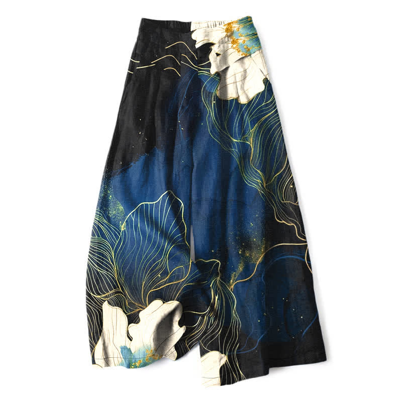 Buddha Stones Cotton Linen Artistic White Floral Pattern Women's Elastic Waist Wide Leg Pants With Pockets - Navy - US16,UK/AU20,EU48 (3XL) - image 4