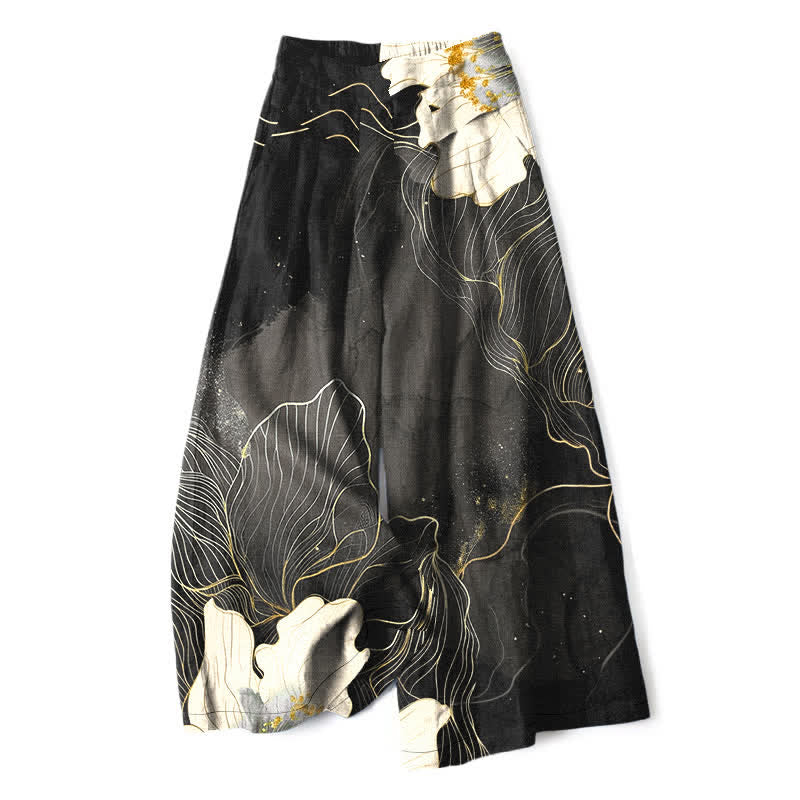 Buddha Stones Cotton Linen Artistic White Floral Pattern Women's Elastic Waist Wide Leg Pants With Pockets - DimGray - US16,UK/AU20,EU48 (3XL) - image 6