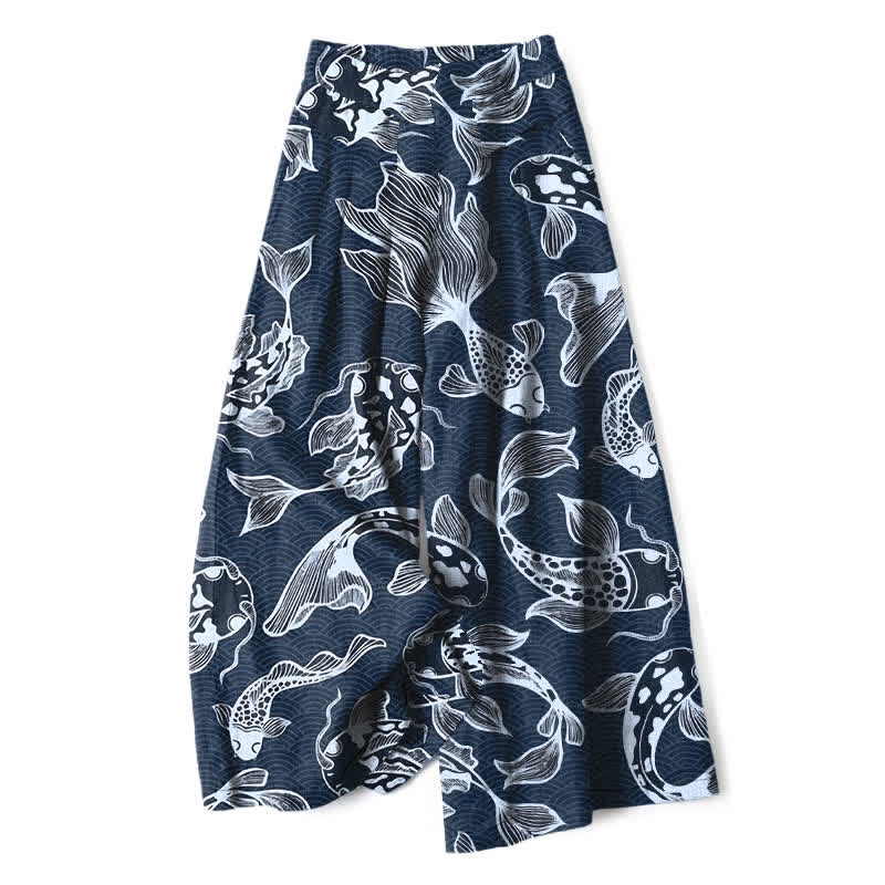 Buddha Stones Cotton Linen Artistic Koi Pond Pattern Women's Elastic Waist Wide Leg Pants With Pockets - Navy - US16,UK/AU20,EU48 (3XL) - image 0