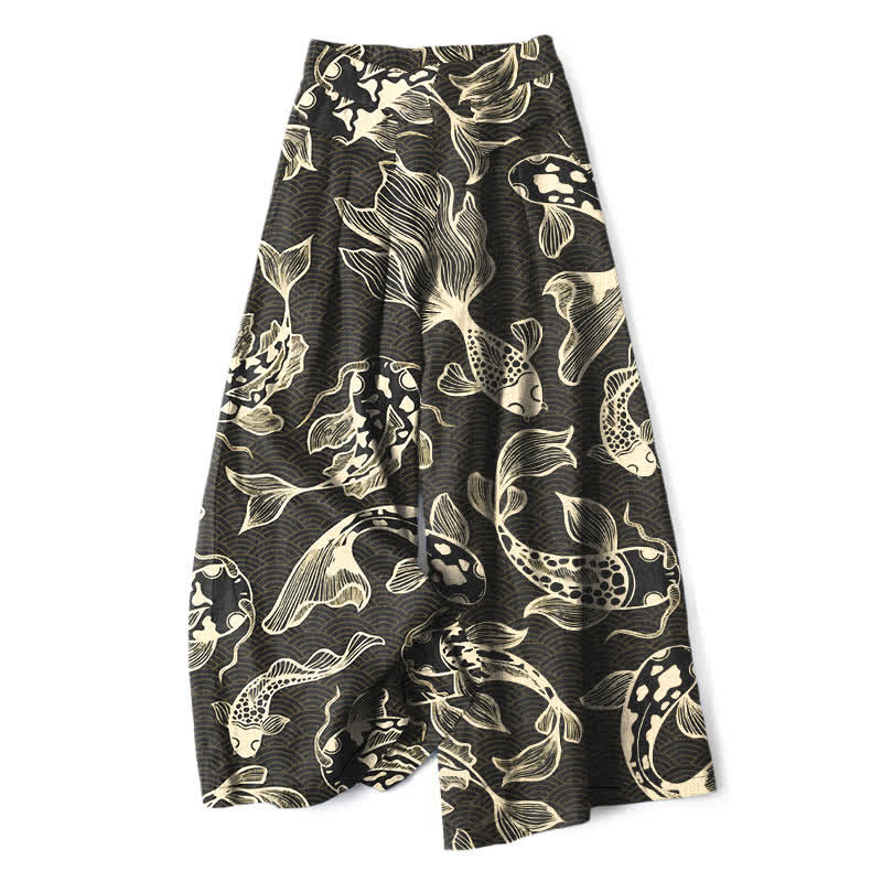 Buddha Stones Cotton Linen Artistic Koi Pond Pattern Women's Elastic Waist Wide Leg Pants With Pockets - Black - US16,UK/AU20,EU48 (3XL) - image 4