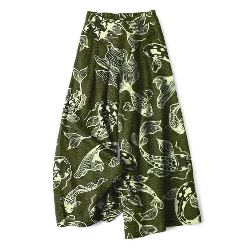 Buddha Stones Cotton Linen Artistic Koi Pond Pattern Women's Elastic Waist Wide Leg Pants With Pockets - DarkOliveGreen - US16,UK/AU20,EU48 (3XL) - image 6