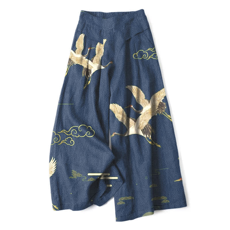 Buddha Stones Cotton Linen Oriental Crane Cloud Pattern Women's Elastic Waist Wide Leg Pants With Pockets - Navy - US16,UK/AU20,EU48 (3XL) - image 0
