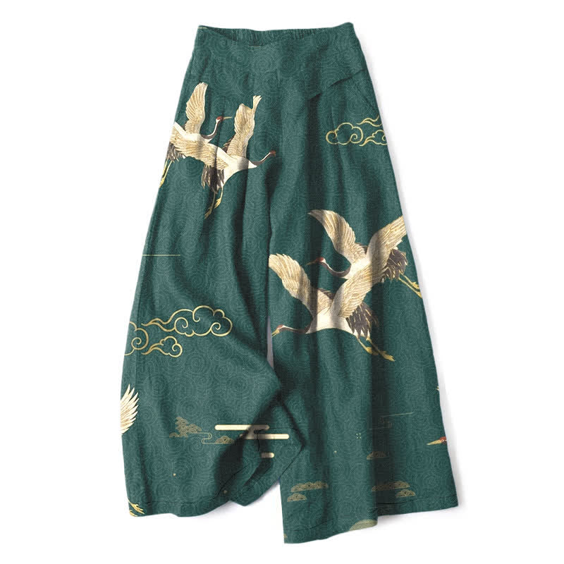 Buddha Stones Cotton Linen Oriental Crane Cloud Pattern Women's Elastic Waist Wide Leg Pants With Pockets - Teal - US16,UK/AU20,EU48 (3XL) - image 4