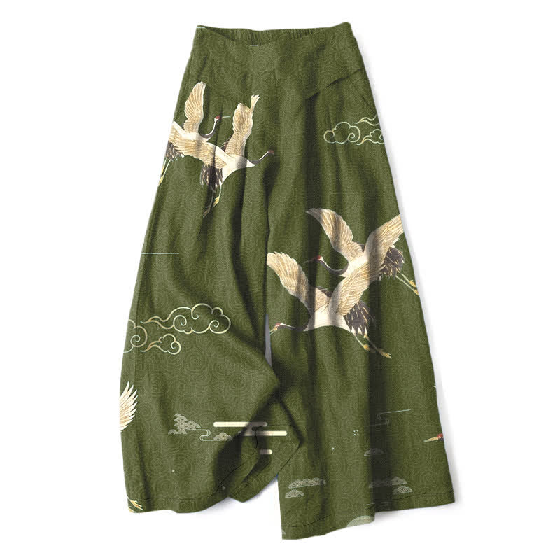 Buddha Stones Cotton Linen Oriental Crane Cloud Pattern Women's Elastic Waist Wide Leg Pants With Pockets - OliveDrab - US16,UK/AU20,EU48 (3XL) - image 6