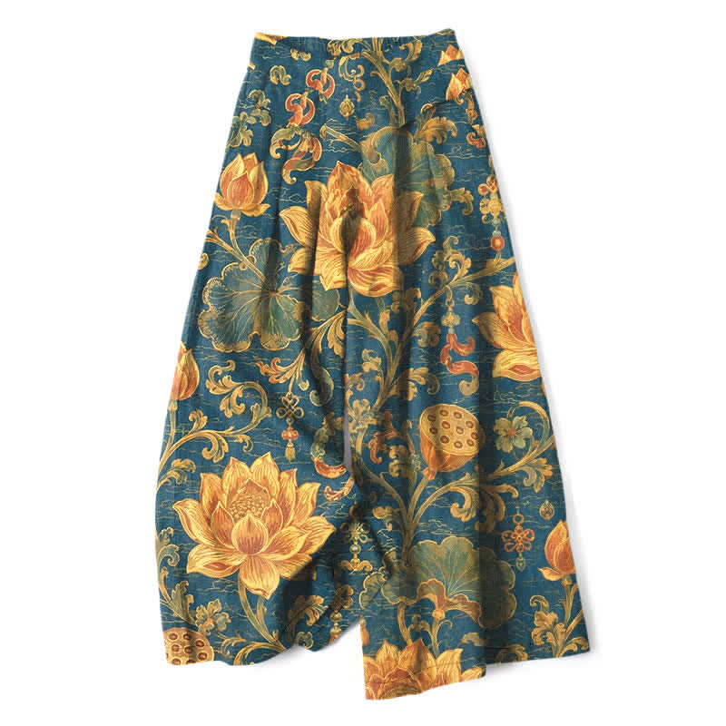 Buddha Stones Cotton Linen Vintage Lotus Floral Pattern Women's Elastic Waist Wide Leg Pants With Pockets - Teal - US16,UK/AU20,EU48 (3XL) - image 0