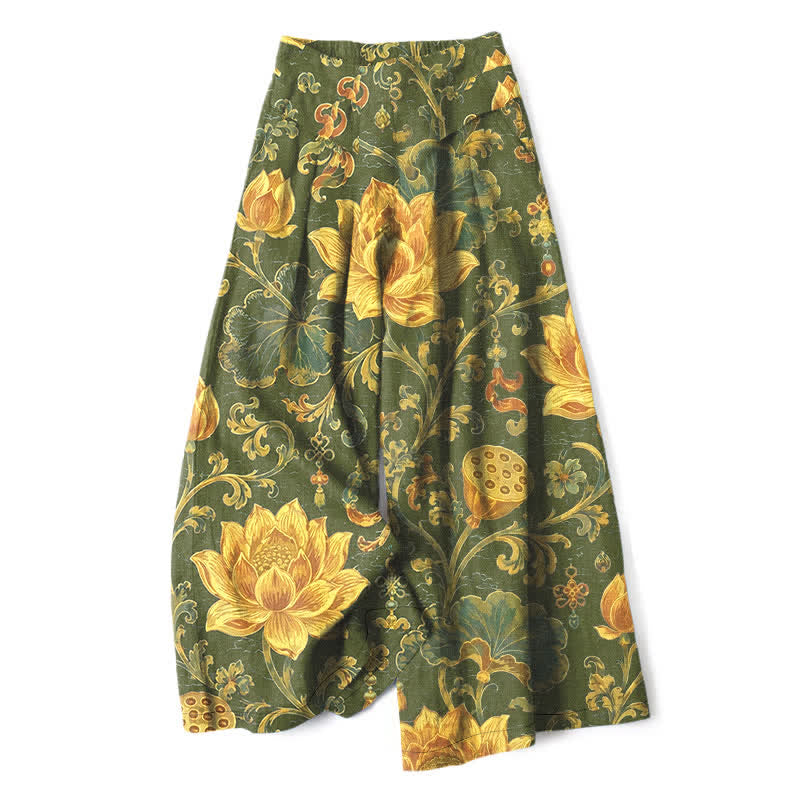 Buddha Stones Cotton Linen Vintage Lotus Floral Pattern Women's Elastic Waist Wide Leg Pants With Pockets - OliveDrab - US16,UK/AU20,EU48 (3XL) - image 4