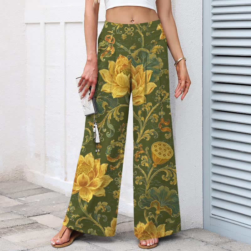 Buddha Stones Cotton Linen Vintage Lotus Floral Pattern Women's Elastic Waist Wide Leg Pants With Pockets - image 5