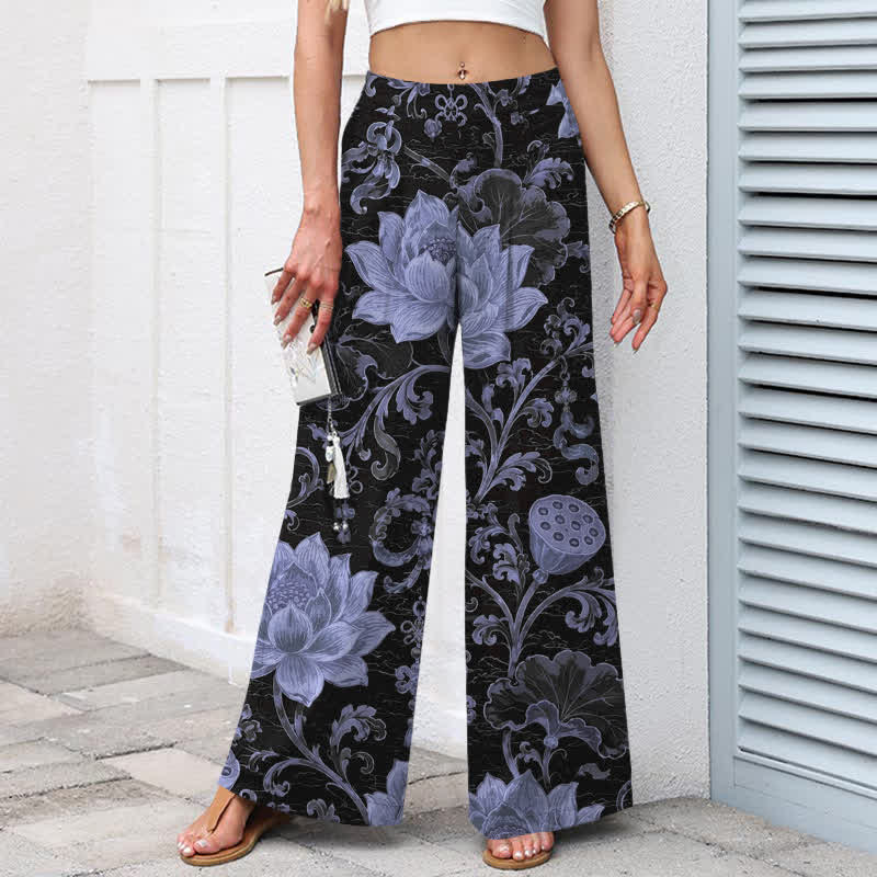 Buddha Stones Cotton Linen Vintage Lotus Floral Pattern Women's Elastic Waist Wide Leg Pants With Pockets - image 7
