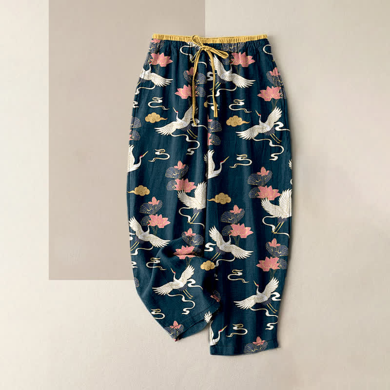 Buddha Stones Pure Cotton Vintage Lotus Crane Pattern Women's Elastic Waist Pants With Pockets - DarkSlateGray - US16,UK/AU20,EU48 (3XL) - image 0