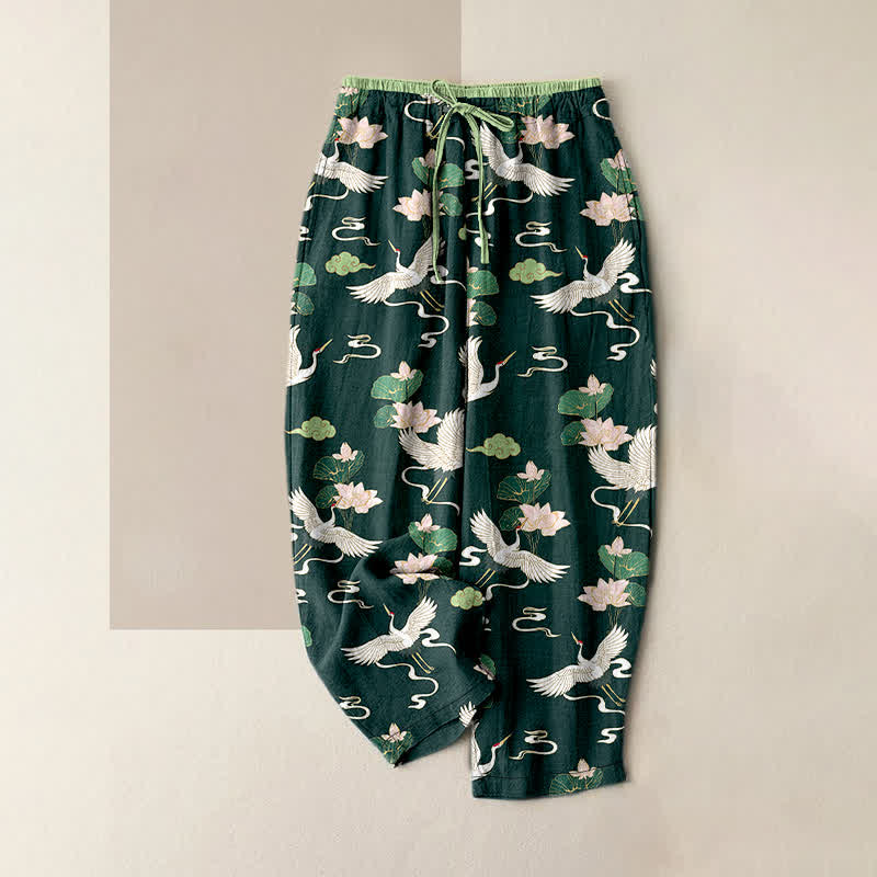 Buddha Stones Pure Cotton Vintage Lotus Crane Pattern Women's Elastic Waist Pants With Pockets - SeaGreen - US16,UK/AU20,EU48 (3XL) - image 4