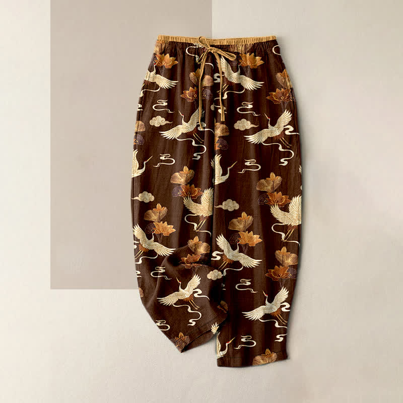 Buddha Stones Pure Cotton Vintage Lotus Crane Pattern Women's Elastic Waist Pants With Pockets - SaddleBrown - US16,UK/AU20,EU48 (3XL) - image 5