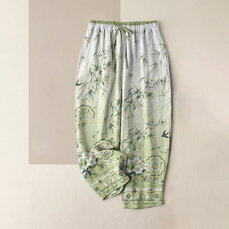 Buddha Stones Pure Cotton Oriental Bamboo Blossom Pattern Women's Elastic Waist Pants With Pockets - PaleGreen - US16,UK/AU20,EU48 (3XL) - image 0