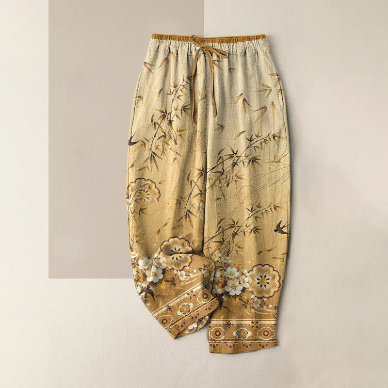 Buddha Stones Pure Cotton Oriental Bamboo Blossom Pattern Women's Elastic Waist Pants With Pockets - Goldenrod - US16,UK/AU20,EU48 (3XL) - image 4