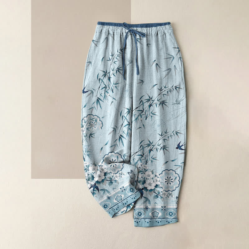Buddha Stones Pure Cotton Oriental Bamboo Blossom Pattern Women's Elastic Waist Pants With Pockets - Turquoise - US16,UK/AU20,EU48 (3XL) - image 5