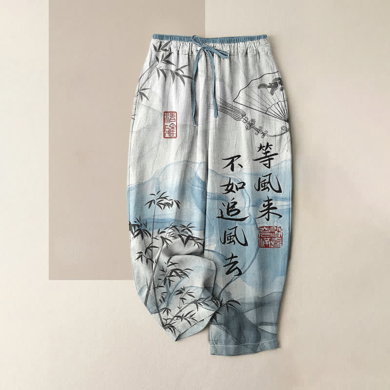 Buddha Stones Pure Cotton Oriental Bamboo Pattern Women's Elastic Waist Pants With Pockets - LightSkyBlue - US16,UK/AU20,EU48 (3XL) - image 0