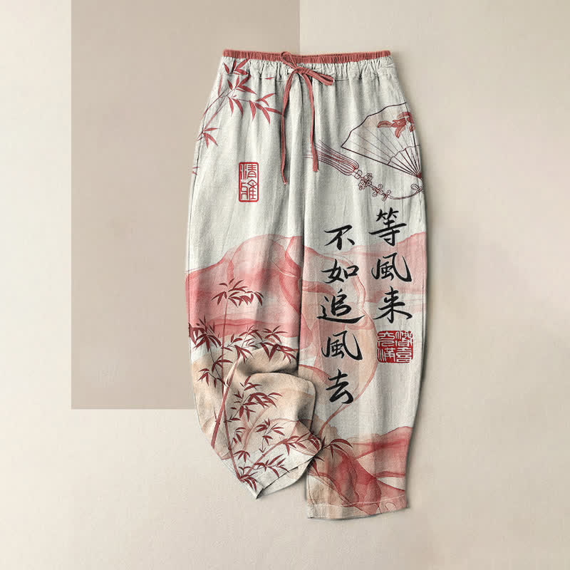 Buddha Stones Pure Cotton Oriental Bamboo Pattern Women's Elastic Waist Pants With Pockets - Tomato - US16,UK/AU20,EU48 (3XL) - image 3