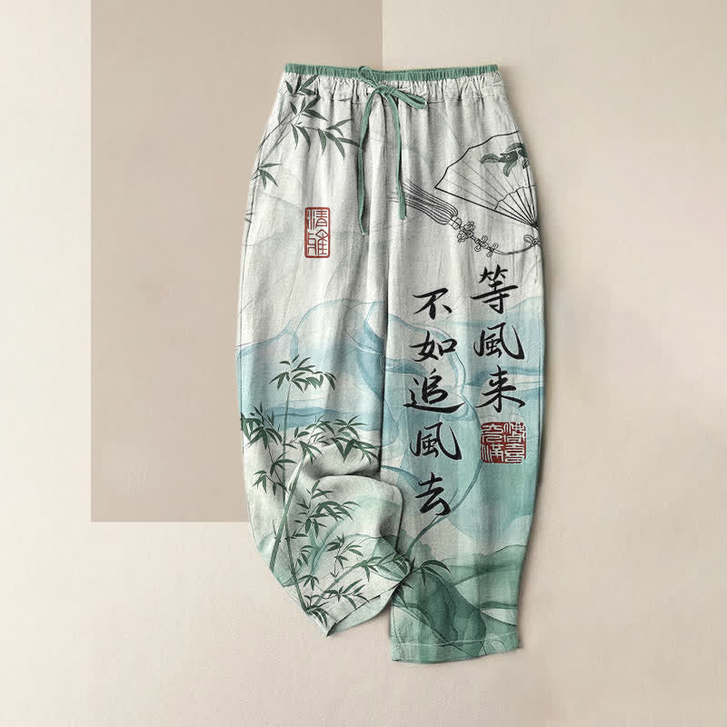 Buddha Stones Pure Cotton Oriental Bamboo Pattern Women's Elastic Waist Pants With Pockets - MediumSeaGreen - US16,UK/AU20,EU48 (3XL) - image 4