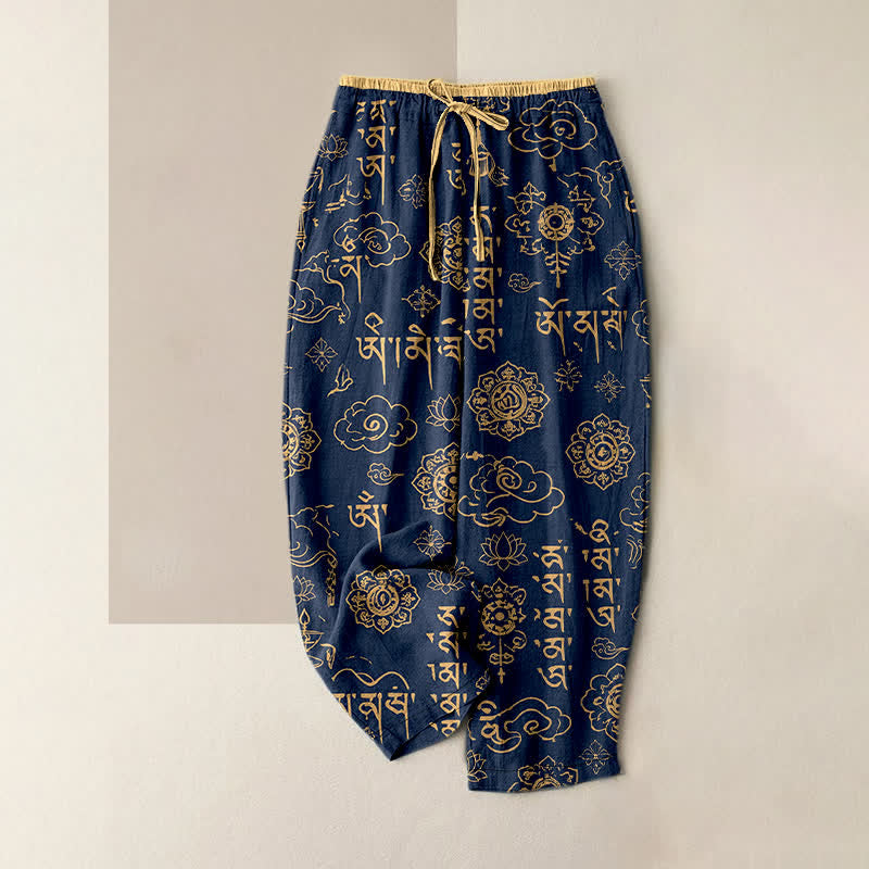 Buddha Stones Pure Cotton Tibetan Script Pattern Women's Elastic Waist Pants With Pockets - Navy - US16,UK/AU20,EU48 (3XL) - image 0