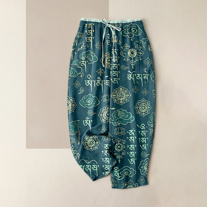 Buddha Stones Pure Cotton Tibetan Script Pattern Women's Elastic Waist Pants With Pockets - Teal - US16,UK/AU20,EU48 (3XL) - image 4