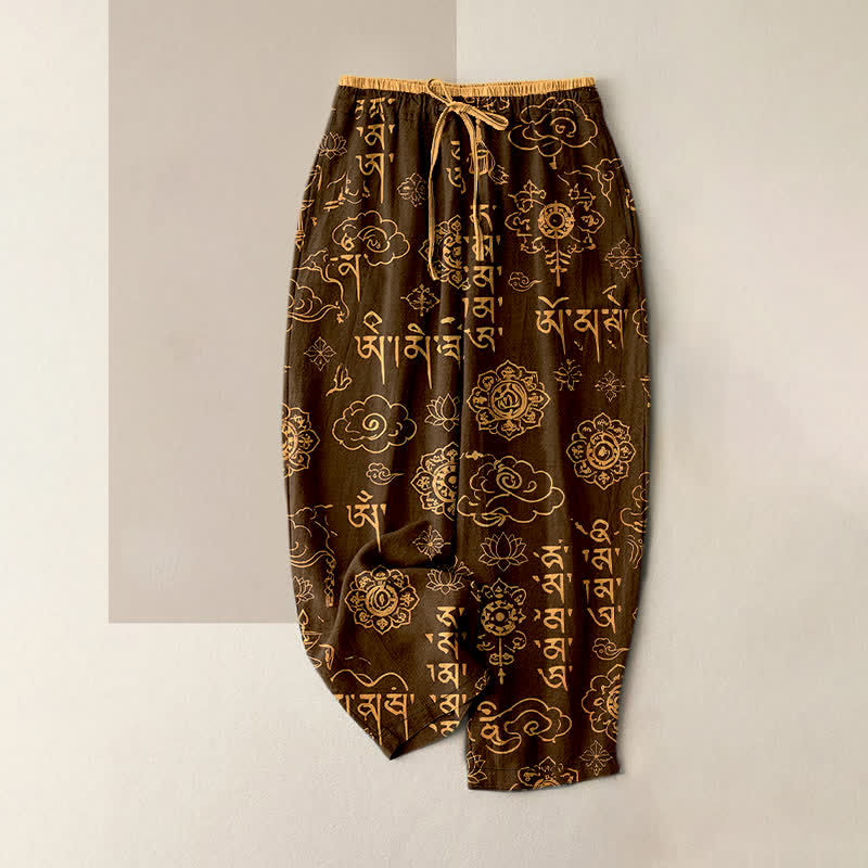 Buddha Stones Pure Cotton Tibetan Script Pattern Women's Elastic Waist Pants With Pockets - SaddleBrown - US16,UK/AU20,EU48 (3XL) - image 5