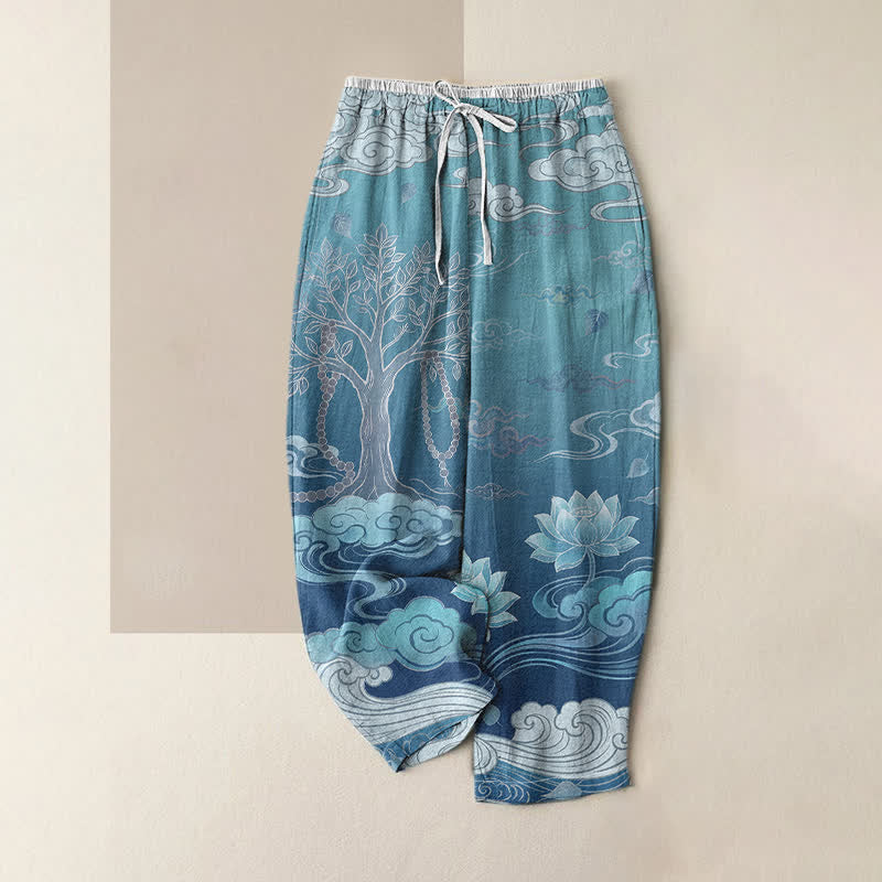 Buddha Stones Pure Cotton Lotus Cloud Gradient Pattern Women's Elastic Waist Pants With Pockets - DeepSkyBlue - US16,UK/AU20,EU48 (3XL) - image 4