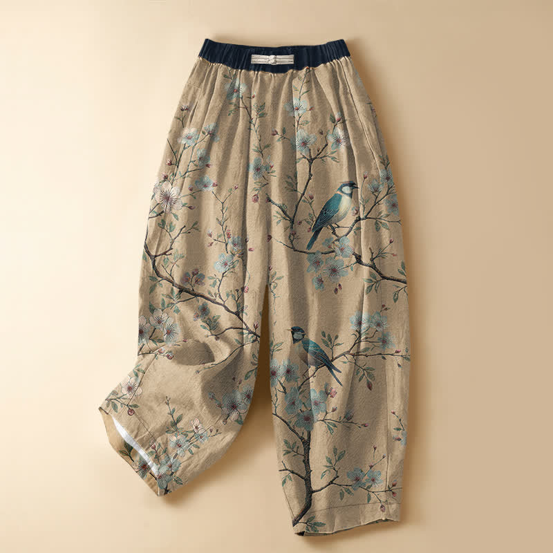 Buddha Stones Pure Cotton Vintage Blossom Bird Pattern Frog Button Women's Elastic Waist Harem Pants With Pockets - Tan - US16,UK/AU20,EU48 (3XL) - image 7