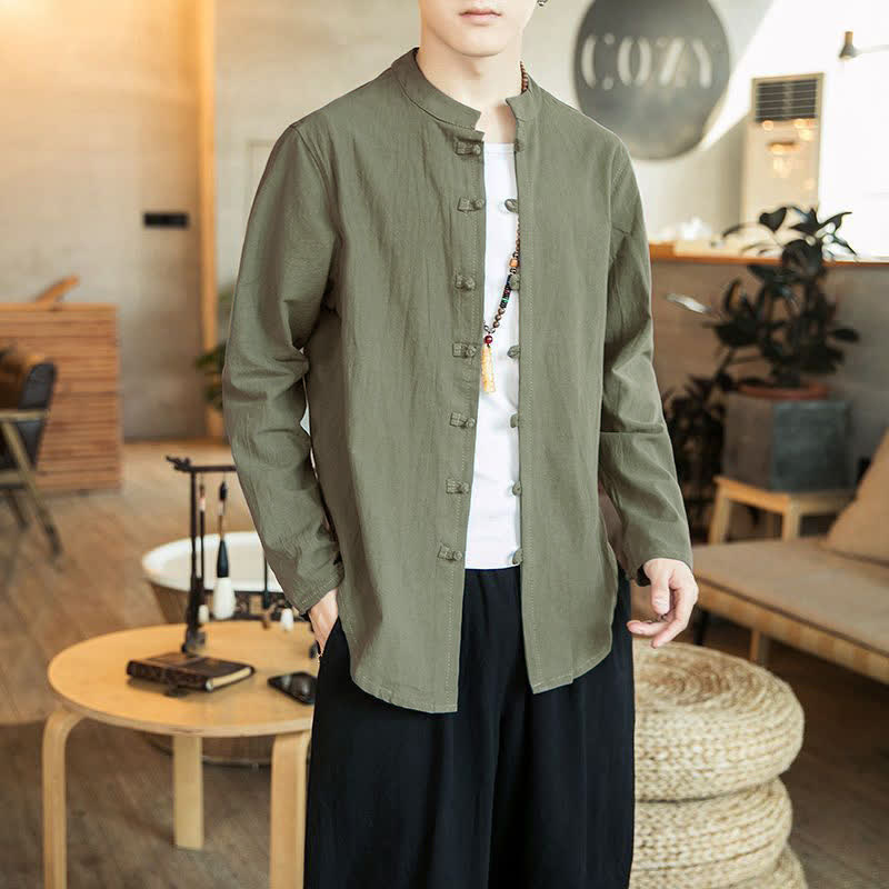 Buddha Stones Casual Stand Collar Frog-Button Long Sleeve Tang Suit Men's Shirt - DarkSeaGreen - US/UK/AU46,EU56 (5XL) - image 16