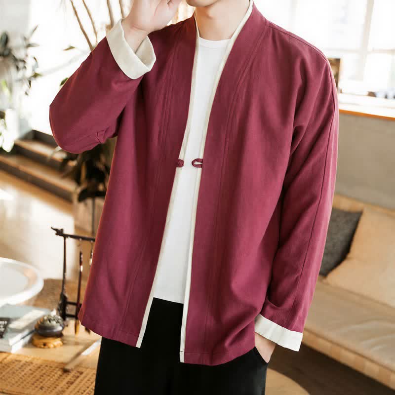 Buddha Stones Fall Winter Tang Style Minimalist Frog Button Solid Cotton Men's Kimonos - Maroon - US/UK/AU46,EU56 (5XL) - image 18
